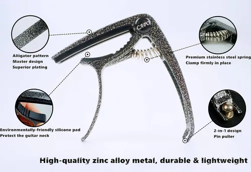 Miniatura 3 de Cejilla para guitarra, Cejilla ligera de aleación de zinc para guitarras acústicas y eléctricas, bajo, mandolina, banjo, ukelele (Negro plateado)