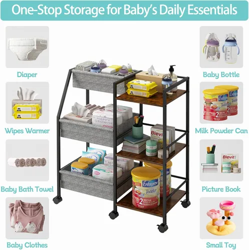 Miniatura 5 de Carrito organizador de pañales para bebé, carrito de ruedas rodantes de 3 niveles con separadores y estantes, carrito de utilidad de cabecera