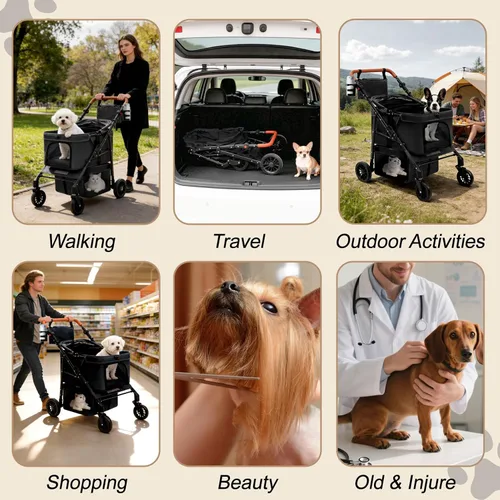 Miniatura 7 de Cochecito de perro para mascotas pequeñas, transportador de 4 ruedas todo terreno para gatos y perros con ruedas delanteras de 360°, mango ajustable