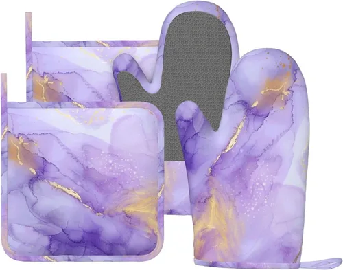 Miniatura 35 de Manoplas de horno y agarradores de ollas de mármol blanco y oro de silicona, accesorios de cocina de 4 piezas, guantes largos resistentes al calor