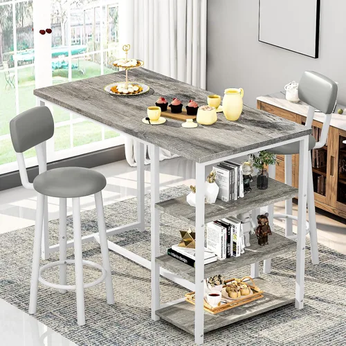 Miniatura 11 de Juego de mesa de comedor de cocina para 2, mesa de bar y sillas con 3 estantes de almacenamiento, comedor alto con 2 taburetes de respaldo de piel