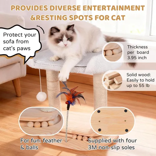Miniatura 6 de Torre de árbol de madera 5 en 1 para gatos, torre de sisal natural de 16.5 pulgadas de alto con cama, juguete interactivo de plumas para gatos