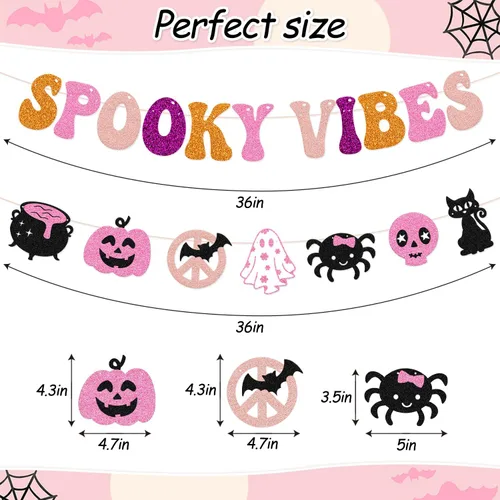 Miniatura 3 de Pancarta de Halloween espeluznante decoración espeluznante hippie guirnalda de Halloween groovy retro fantasma murciélagos araña, gatos, calavera