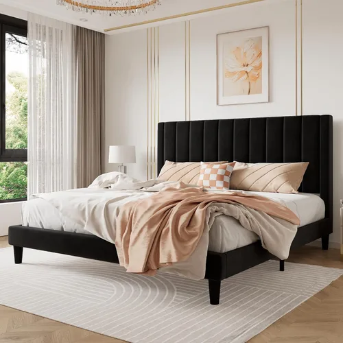 Miniatura 21 de SHA CERLIN - Base de cama tapizada de terciopelo tamaño completo con cabecero/Base de cama tapizada de plataforma con cabecero/Soporte de listones