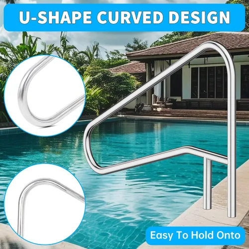 Miniatura 4 de ECOTRIC Pasamanos de piscina Riel de escalera de piscina 49-3/8 "X35-3/8 304 de acero inoxidable montado en cubierta cruzada soporte 300Lbs