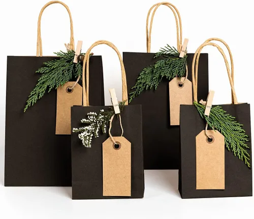 Miniatura 5 de Poever Bolsas de papel kraft negras con asas de 5 x 3 x 8 y 8 x 4 x 10 y 10 x 5 x 13 pulgadas, 30 unidades, bolsas de regalo, bolsas de compras