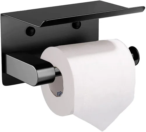 Soporte de papel higiénico de pared con estante para teléfono, soporte de papel de almacenamiento, dispensador de papel adhesivo negro con estante