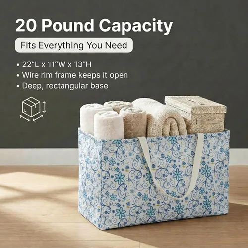 Miniatura 6 de Household Essentials Bolso de lona Krush con estampado floral blanco y azul, bolsa multiusos para todos los propósitos Floral azul