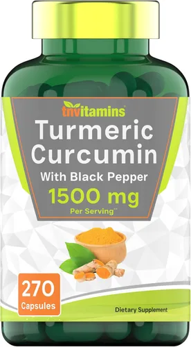tnvitamins Cápsulas de curcumina de cúrcuma con pimienta negra | 1500 mg – 270 cápsulas | Tamaño a granel – Suministro de 3 meses | Suplemento de
