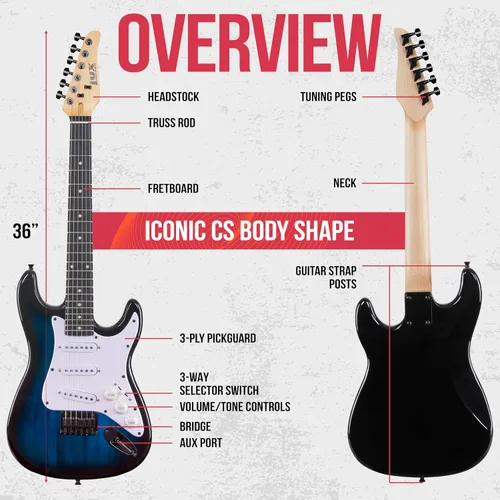 Miniatura 4 de LyxPro Guitarra eléctrica de 36 pulgadas y kit para niños con guitarra para principiantes de tamaño 3/4, amplificador, seis cuerdas, dos púas, Azul