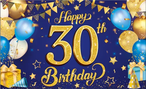 KatchOn, Cartel de feliz cumpleaños número 30 azul y dorado - XL, 72 x 44 pulgadas, feliz cumpleaños 30 para ella, telón de fondo de 30 cumpleaños