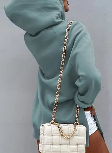 Miniatura 2 de SHEWIN Sudadera de gran tamaño para mujer, manga larga, dobladillo dividido, con bolsillo tipo canguro