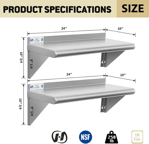 Miniatura 3 de Hally Estante de acero inoxidable montado en la pared, estante de pared de 10 x 24 pulgadas, NSF resistente, capacidad de 250 libras, estante