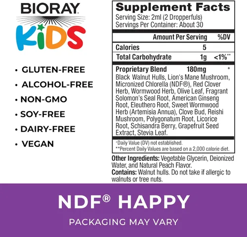 Miniatura 2 de BIORAY Kids NDF Happy, Peach - 2 fl oz - Elimina organismos no deseados que pueden desencadenar irritabilidad - 1-2 meses de suministro