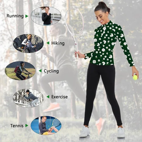 Miniatura 148 de WOWENY Camiseta deportiva de manga larga para mujer, con cremallera de un cuarto, cuello para entrenamiento, camiseta de tenis con estampado