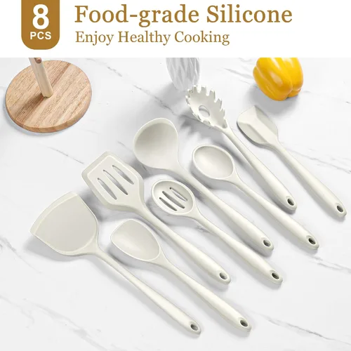 Miniatura 3 de LIANYU Juego de 8 utensilios de cocina de silicona, resistentes al calor, utensilios de cocina antiadherentes con espátula, cuchara, afinador, Blanco