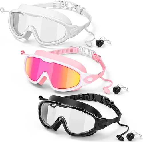 Miniatura 10 de Konohan Paquete de 3 gafas de natación para adultos, gafas anchas sin fugas, antiniebla, con clips para la nariz, tapones para los oídos