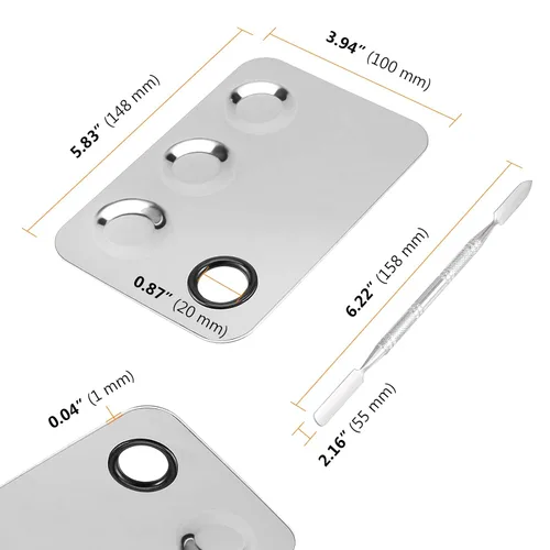 Miniatura 2 de SEUNMUK Paquete de 6 paletas de cosméticos de acero inoxidable de 6 x 4 pulgadas con espátula, paleta de maquillaje de 3 pocillos, bandeja de metal