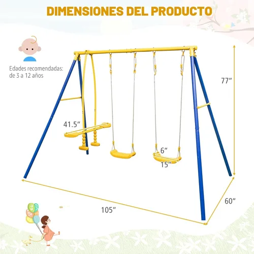 Miniatura 3 de HONEY JOY Juegos de columpios para el patio trasero, soporte de columpio de metal resistente con marco en A y 2 columpios con correa y balancín