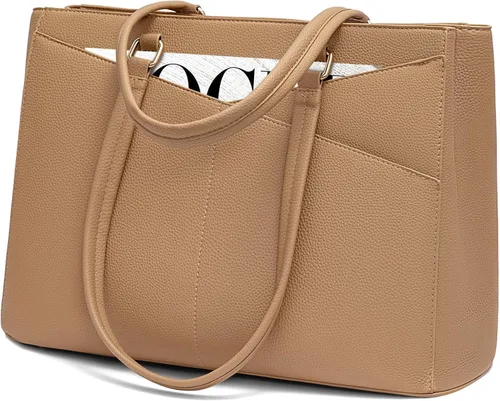 Miniatura 50 de LOVEVOOK Bolsa de mano para computadora portátil para mujer, bolsas de trabajo de cuero de 15.6 pulgadas con soporte grande para tazas para Negro