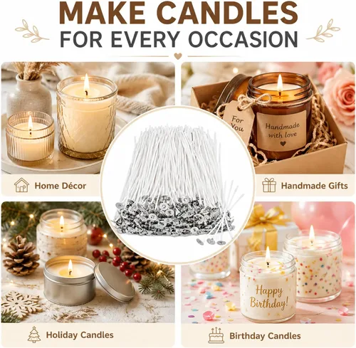 Miniatura 7 de Newwiee 600 mechas de velas de algodón preenceradas de 6 pulgadas para hacer velas, hechas de bricolaje, gruesas, con base
