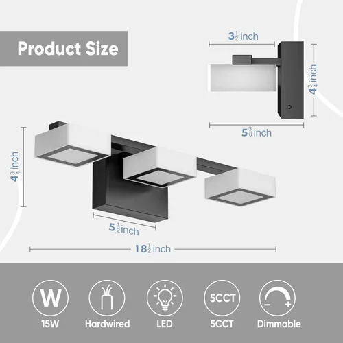 Miniatura 5 de Luminarias LED Modernas de Baño Sobre Espejo, 3 Luces de Tocador Regulables, Luz de Tocador de Baño Acrílica Negro Mate, 2700K-6500K Ajustable
