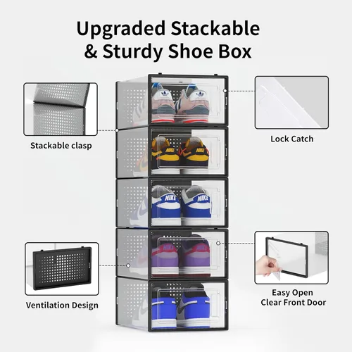 Miniatura 5 de Paquete de 12 cubos de almacenamiento de zapatos, organizador de zapatos apilable de plástico transparente para armario, zapatero plegable que