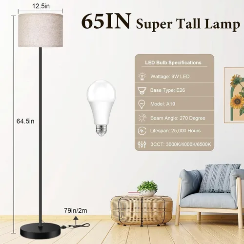 Miniatura 2 de TOBUSA Lámpara de pie para sala de estar y dormitorio con bombilla LED 3CCT, lámpara de pie moderna, pantalla de tambor, 65 pulgadas de alto