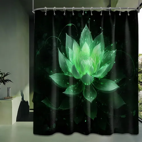 Miniatura 15 de Cortina de ducha con flores de loto negro y azul para decoración de baño, juego de cortinas decorativas de baño con estampado floral, tela
