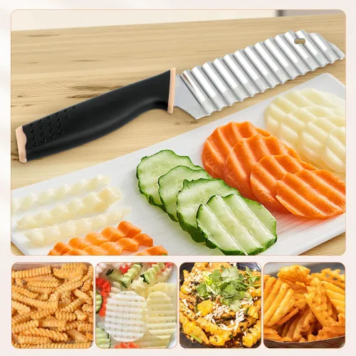 Miniatura 5 de Cuchillo de corte arrugado, mango de goma, cortador de papas fritas de acero inoxidable con soporte para cebolla, cuchillo para cortar ensalada