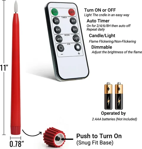 Miniatura 6 de Stmarry Velas cónicas sin llama rojas con control remoto - Candelabros LED de 11 pulgadas que funcionan con baterías, llama 3D realista con mecha