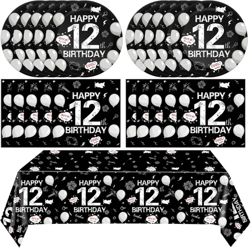 Miniatura 8 de Juego de 41 decoraciones para fiesta de cumpleaños número 13, color negro y rojo, incluye platos y servilletas, mantel para niños y niñas, dulce