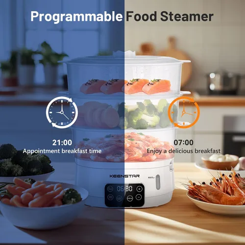 Miniatura 5 de Vaporizador Eléctrico de 13.7QT para Cocinar, Vaporizador de Vegetales con 3 Niveles Libres de BPA, Vaporizador Digital con Programa, 800W de Cocina