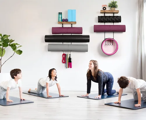 Miniatura 7 de Paquete de 2 soportes para esterilla de yoga de montaje en pared, estante de almacenamiento para esterilla de yoga, accesorios de gimnasio en casa