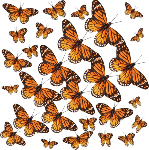 Miniatura 9 de Ysleen 24 piezas de decoración de mariposa monarca de plumas 3D, 4 tamaños, decoraciones de pared de mariposa, calcomanías artificiales falsas