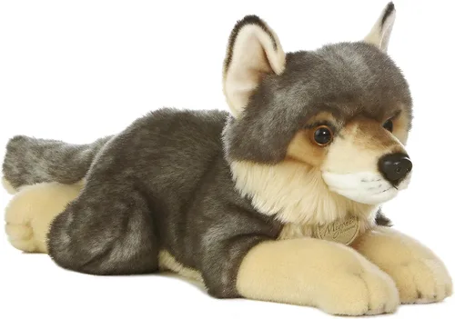 Aurora® Adorable lobo de peluche Miyoni®, detalle realista, compañía entrañable, gris, 16 pulgadas