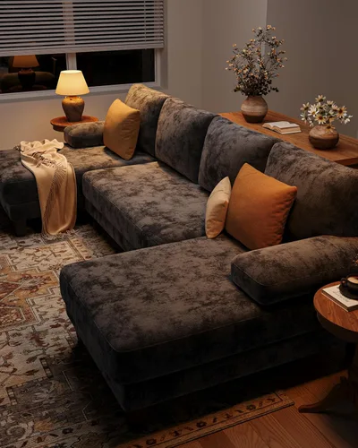 Miniatura 4 de Sofás seccionales en forma de U para sala de estar, sofá modular moderno de 112 pulgadas, sofá de felpilla gris oscuro con diván doble