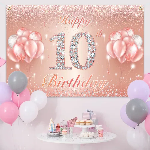 Miniatura 4 de Fondo de pancarta de feliz cumpleaños 10 – Suministros de decoración de fiesta de cumpleaños 10 para niñas o niños – Oro rosa 4 x 6 pies