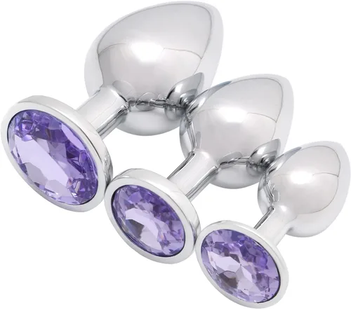 Miniatura 8 de AKStore 3 tapones anales fetiches de acero inoxidable con diseño de joyas lujosas para fantasías sexuales de bondage, tamaños grande, mediano y Azul