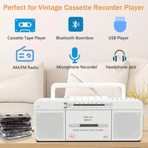 Miniatura 2 de Reproductor de cassette Boombox, radio AM/FM portátil estéreo con Bluetooth, USB, altavoz grande doble, conector para auriculares, grabación a