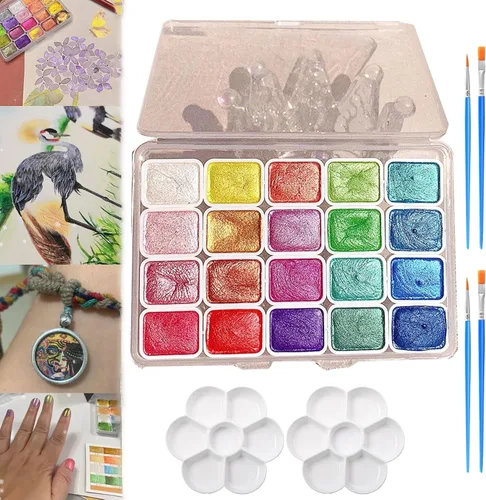 Miniatura 6 de Juego de pintura de acuarela de 20 colores, juego de pintura de acuarela metálica, pintura de acuarela nacarada, pintura de acuarela con purpurina