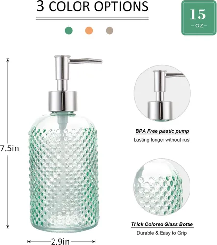 Miniatura 2 de Paquete de 3 botellas dispensadoras de jabón de loción de vidrio surtido de 15 onzas con bomba para baño, cocina