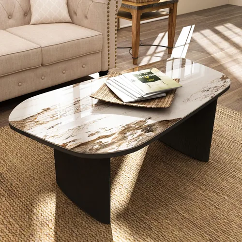 Mesa de café de mármol de lujo, parte superior de piedra sinterizada de alta calidad, base de aspecto de madera natural, mesa de cóctel de piedra de