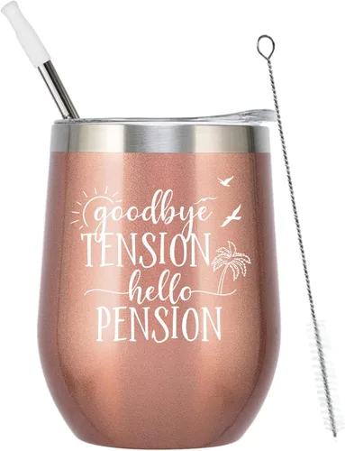 Miniatura 4 de ELEGANTPARK Regalos de jubilación para mujeres 2026, Goodbye Tension Hello Pension Vaso de vino aislado de 12 onzas con tapa y pajilla, divertido