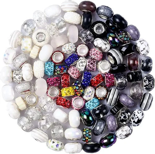 Aipridy Surtido de cuentas europeas de agujeros grandes, cuentas espaciadoras de diamantes de imitación para manualidades, dijes, pulseras y Negro y