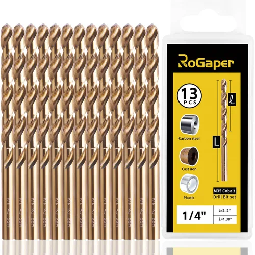 Brocas de cobalto de 1/4 de pulgada, paquete de 13 unidades de M35 HSS, punta de 135 grados, juego de brocas helicoidales de longitud Jobber para