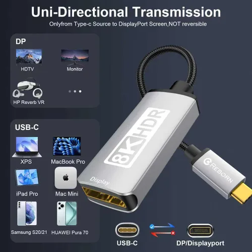 Miniatura 6 de Adaptador unidireccional USB C a DisplayPort 1.4 de 32.4 Gbps, 4K a 240 Hz, 8K a 60 Hz y soporte HDR, Thunderbolt 3/4 a puerto de pantalla