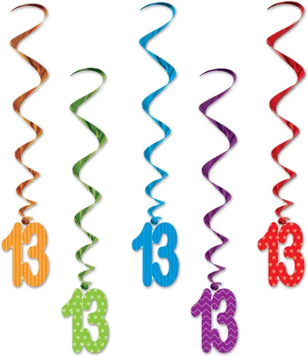 Beistle Remolinos del número "13" – Paquete de 5 coloridas decoraciones colgantes en espiral con recortes de doble cara número trece para fiestas de