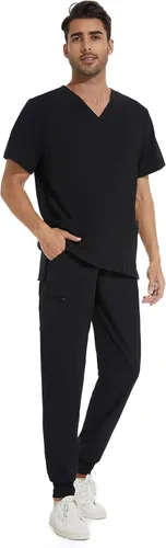 Miniatura 3 de COZYFIT Conjunto de ropa quirúrgica para hombre camiseta elástica con cuello en V y pantalón deportivo con 8 bolsillos, cintura de yoga, ropa
