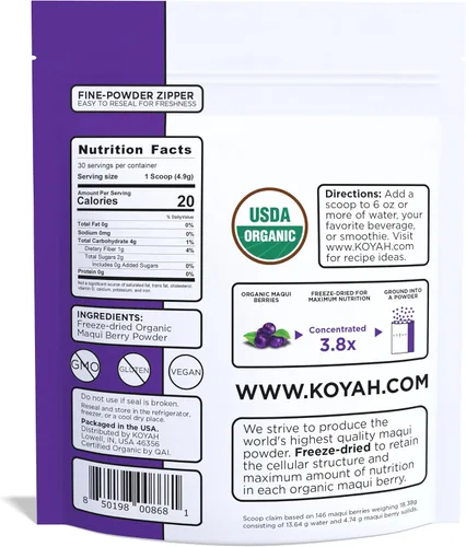 Miniatura 2 de KOYAH - Polvo orgánico de bayas maqui 30 porciones (1 cucharada = 146 bayas o 1/8 taza fresca), cultivado en Chile, liofilizado, polvo de bayas